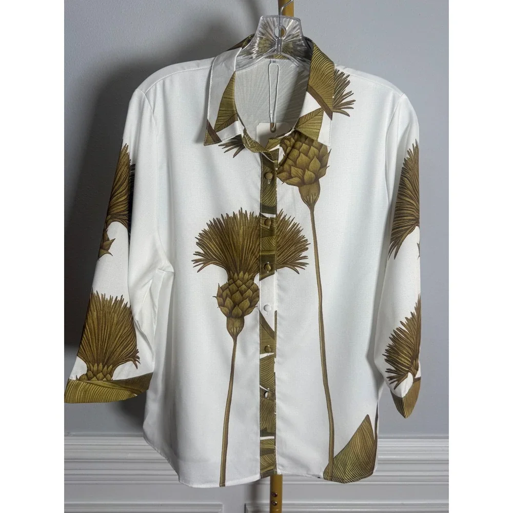 2-Piece Pant Set Women Size M White Green Botanical Thistle Tropical Loungewear
